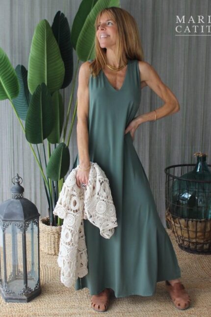 VESTIDO COMPRIDO VERDE E RENDA MARIA CATITA - TAM U