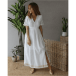VESTIDO COMPRIDO BRANCO COM RACHA E DETALHES MARIA CATITA - TAM U