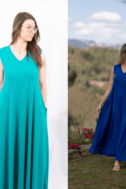 VESTIDO ÉVASÉ MALHA - AZUL ESVERDEADO / AZULÃO CAFOFO