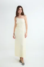 BALMOHK <BR><BR> ASYMETRIC MIDI DRESS TEXTURE LIGHT BLUE / BLAZING YELLOW - Image 8