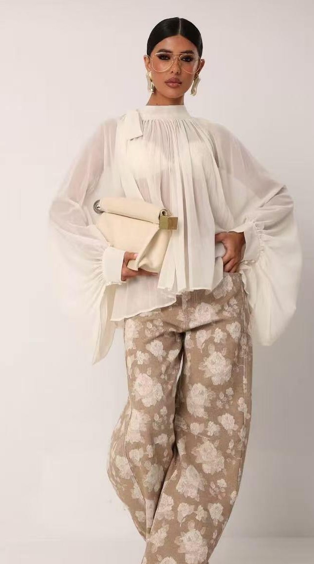 blouse-avec-noeud-lavalliere-manches-bouffantes_beige_1 ELLA BY TAM <BR><BR>MOCHY BY ELLA BLOUSE PUFF SLEEVES YELLOW - Image 1