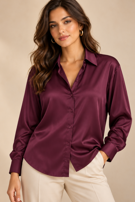 ELLA BY TAM <BR><BR> CAMISA ACETINADA AMEIXA | CRU | BEGE | MARINHO |CHOCOLATE
